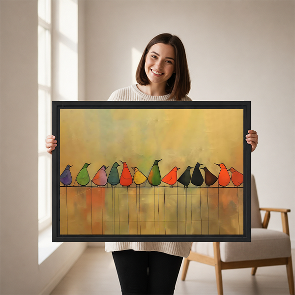 Colorful Birds Row Mid-Century Modern Framed Wall Art l2768