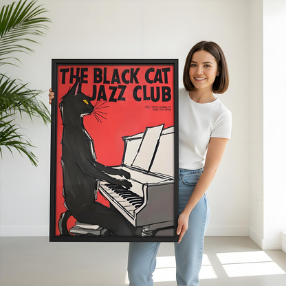 	Woman holding black cat jazz club piano framed art print – vintage retro poster size reference