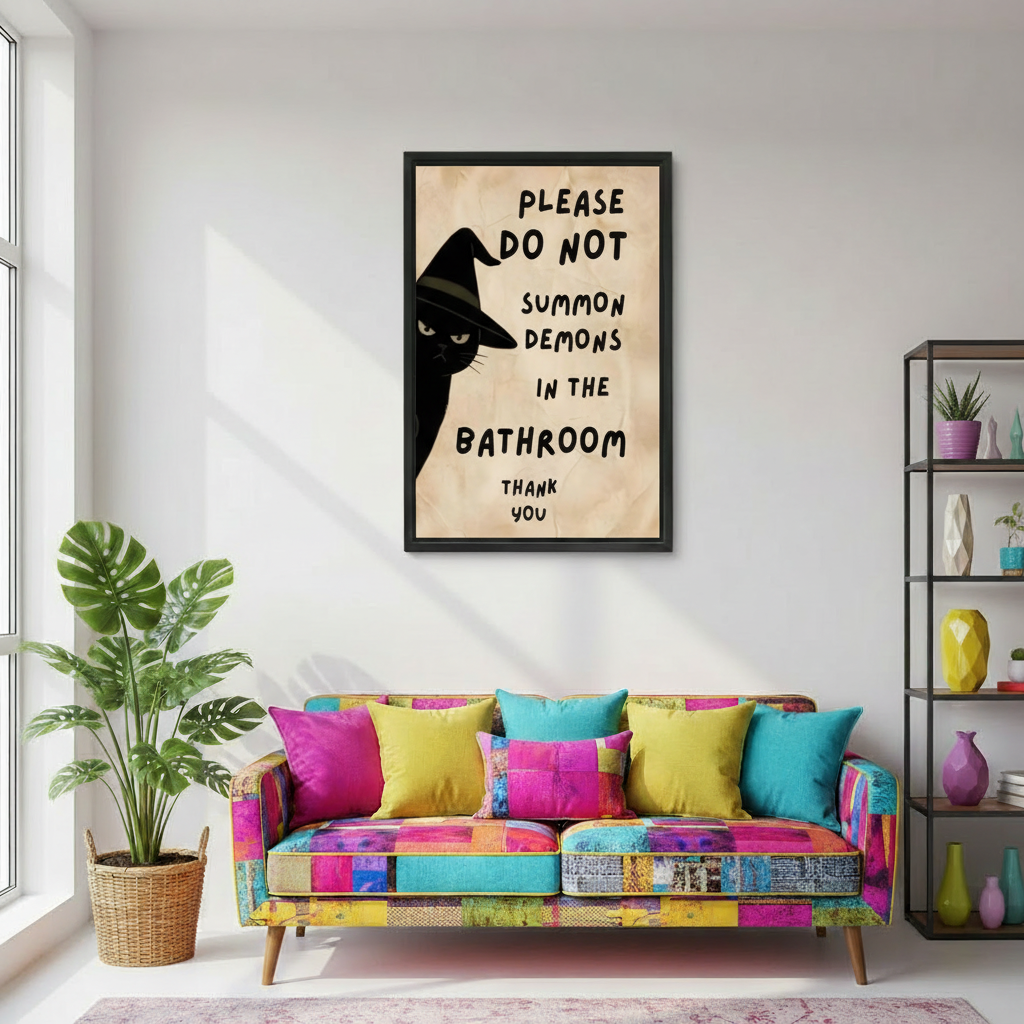 Funny witch cat do not summon demons bathroom framed wall art, black frame, colorful living room