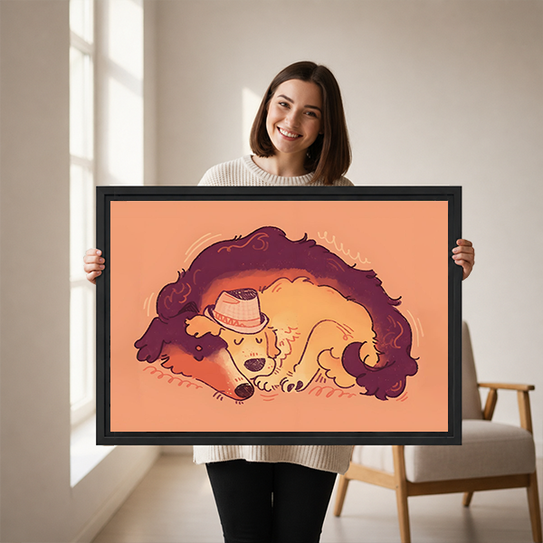 Woman Holding Cute Sleeping Dog Hat Framed Art Print Size Reference