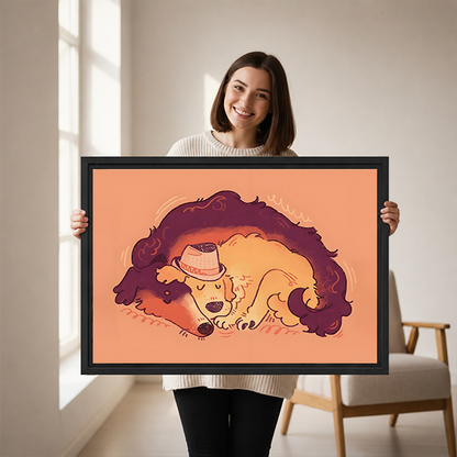 Woman Holding Cute Sleeping Dog Hat Framed Art Print Size Reference