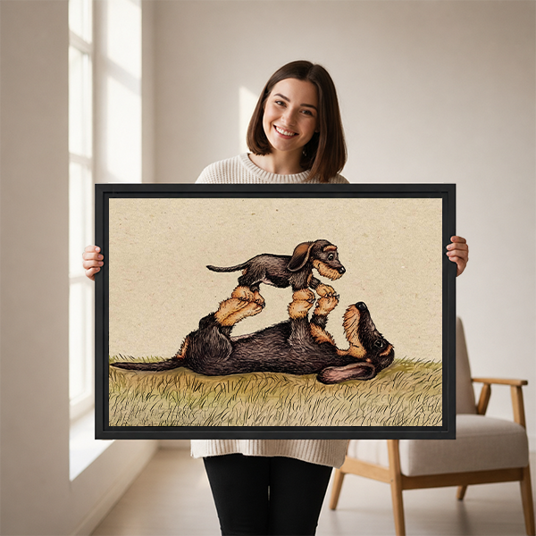 Woman holding vintage playful dogs framed canvas print – whimsical animal wall art gift