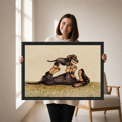 Woman holding vintage playful dogs framed canvas print – whimsical animal wall art gift