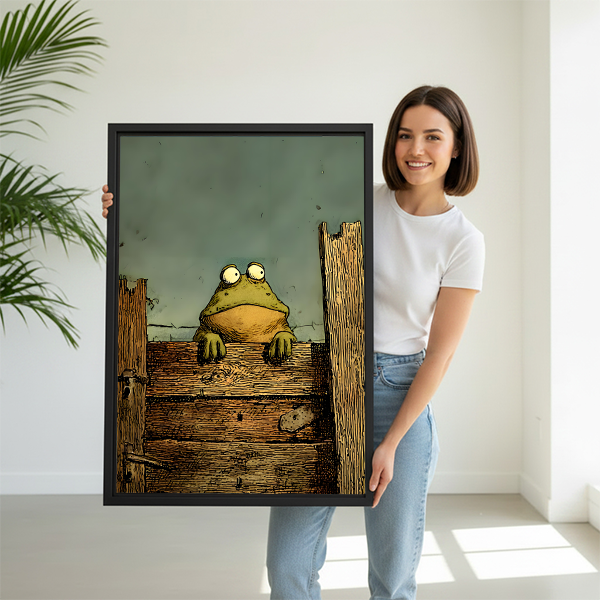 Woman holding quirky frog framed wall art print — whimsical animal art for home decor
