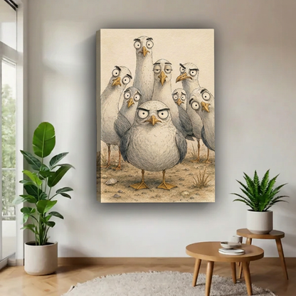 Whimsical Grumpy Seagulls Canvas Wall Art | Framed & Unframed l5041