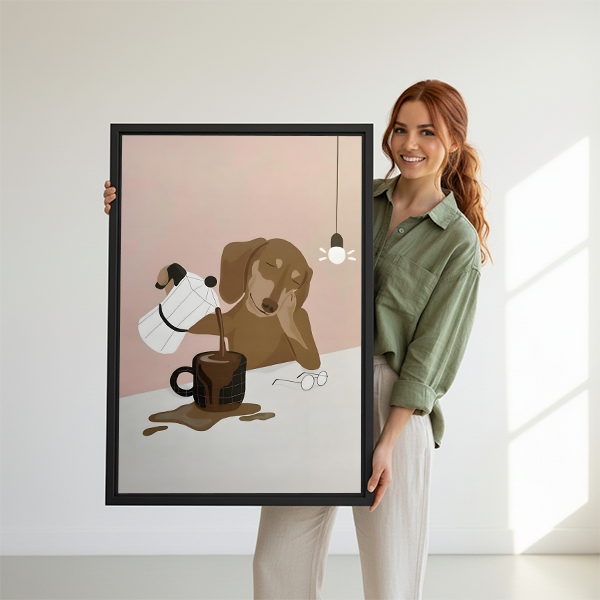	Woman holding large minimalist dachshund coffee framed wall art print