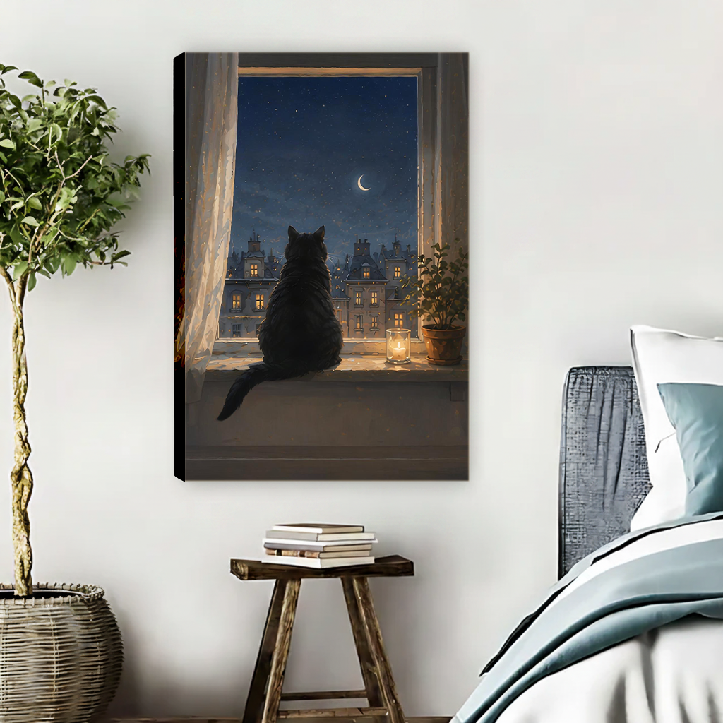 Gallery wrap black cat night city canvas print displayed in cozy bedroom beside rustic wooden stool