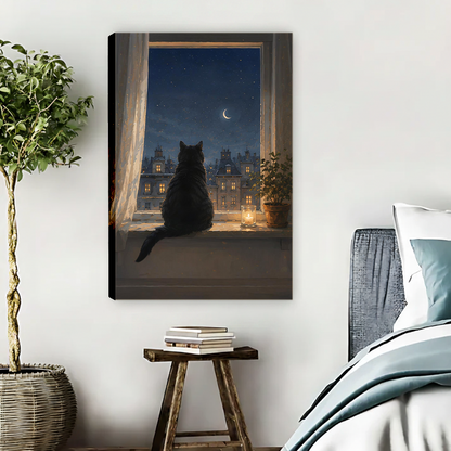 Gallery wrap black cat night city canvas print displayed in cozy bedroom beside rustic wooden stool