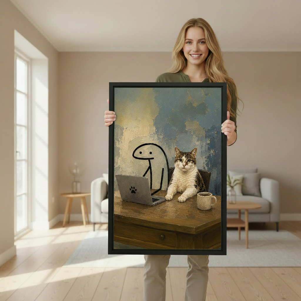 Woman holding a large framed whimsical cat boss oil painting wall art print in a bright modern living room