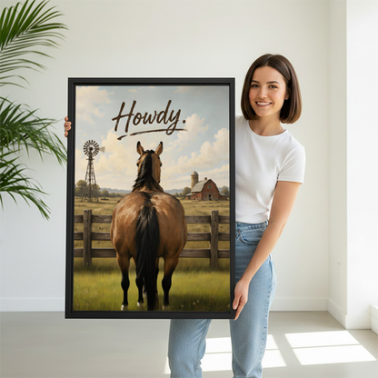 Woman holding Howdy western horse framed canvas art — Liberty Signs