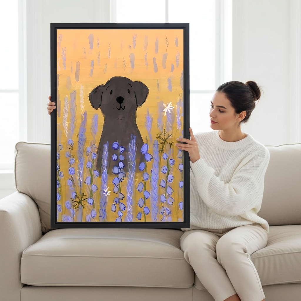 Brunette woman in white sweater sitting on cream sofa holding large black labrador dog purple bluebell field boho hand-painted framed canvas print with warm orange background in bright studio
