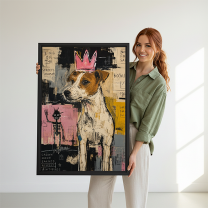 Woman holding large Basquiat-inspired dog crown street art framed canvas print showing size reference against white background