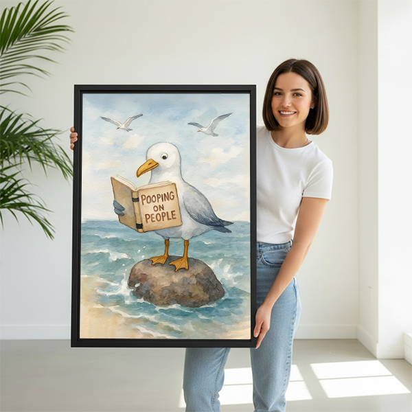 Woman holding funny seagull reading book framed wall art print — witty coastal bird wall decor
