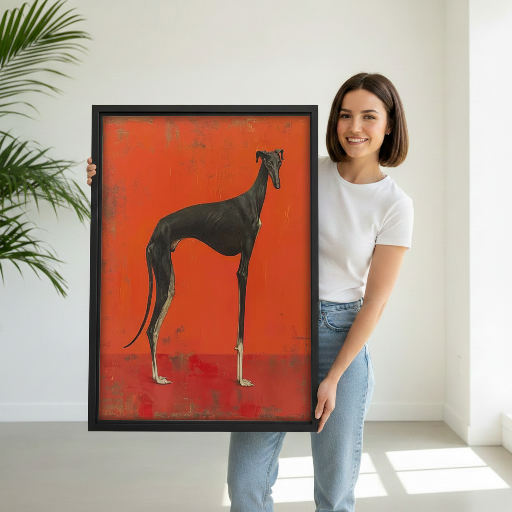 Woman holding large blackhound animal print canvas, modern wall art on red background