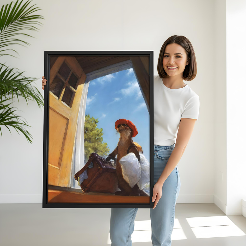 Woman holding large whimsical otter framed art print showing size scale for home decor