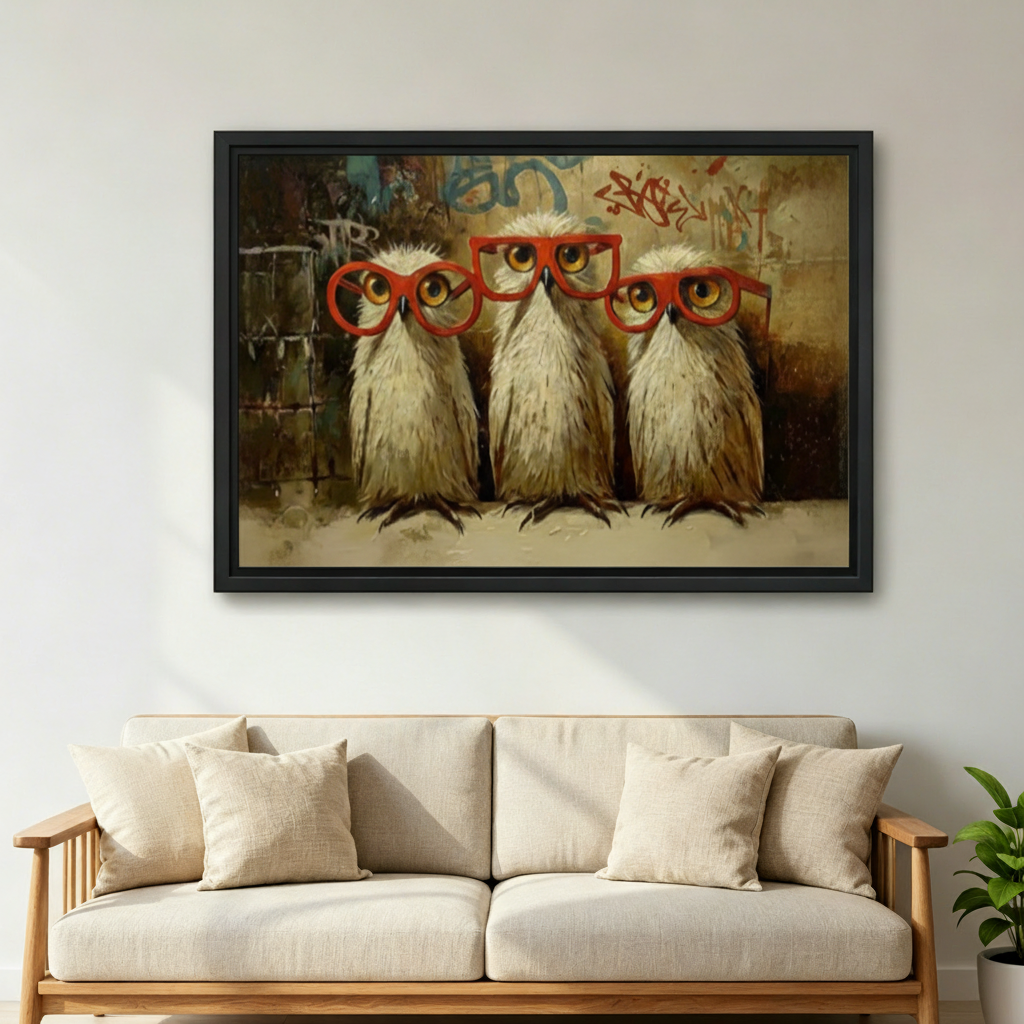 Funny owls with red glasses framed canvas wall art above sofa, quirky whimsical owl print living room decor