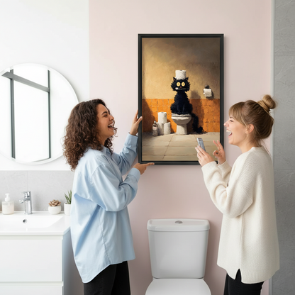 Two women laughing while hanging funny black cat toilet framed print in pink bathroom