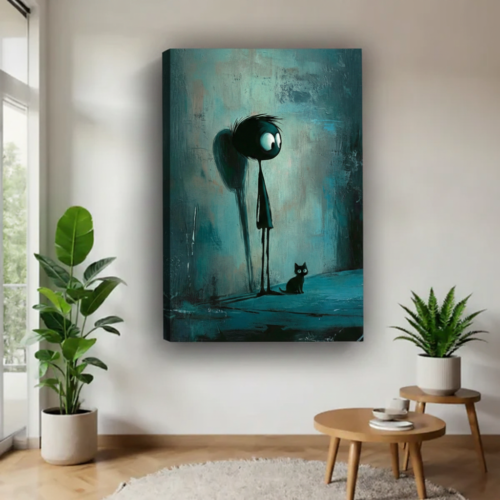 Dark fantasy tall figure and black cat gallery wrap canvas art in Scandinavian living room with plants