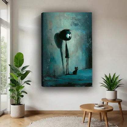 Dark fantasy tall figure and black cat gallery wrap canvas art in Scandinavian living room with plants