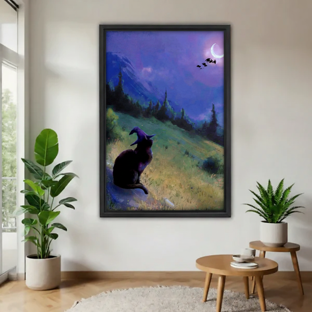 Mystical black cat witch hat moon night framed wall art in bright living room with fiddle leaf fig