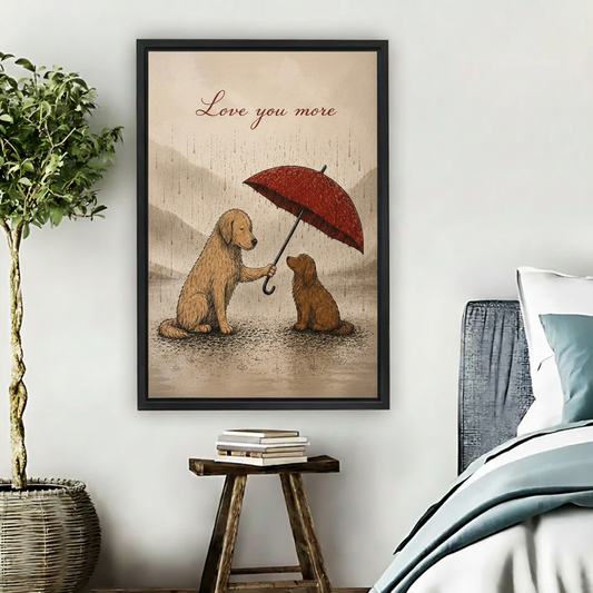 Love You More framed dog art print on bedroom wall with stool, books and wicker plant