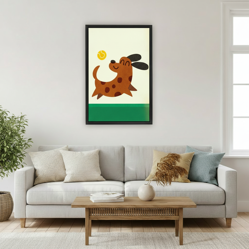 Playful dog wall art framed canvas print displayed above sofa in bright Scandinavian living room