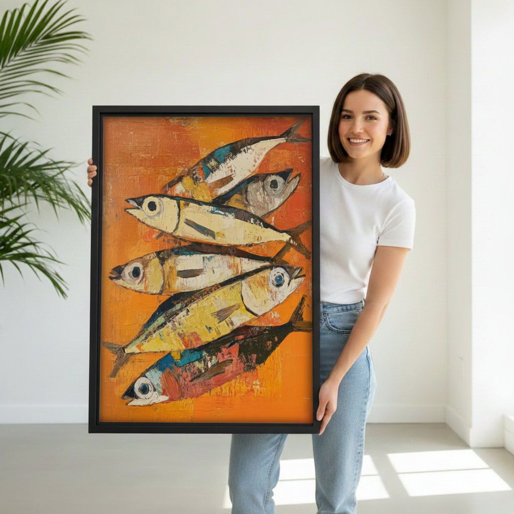 Woman holding large framed abstract fish school canvas print, colorful ocean wall art gift idea