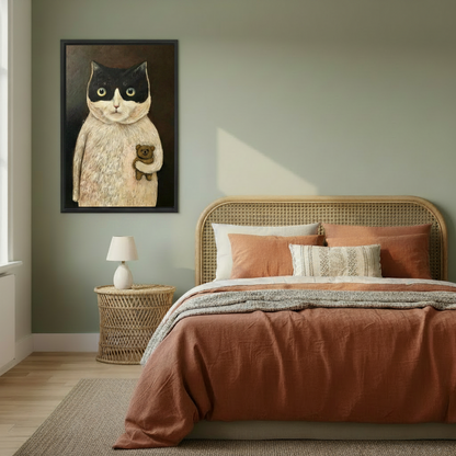 Tuxedo cat holding teddy bear framed canvas wall art above rattan bed in sage green bedroom