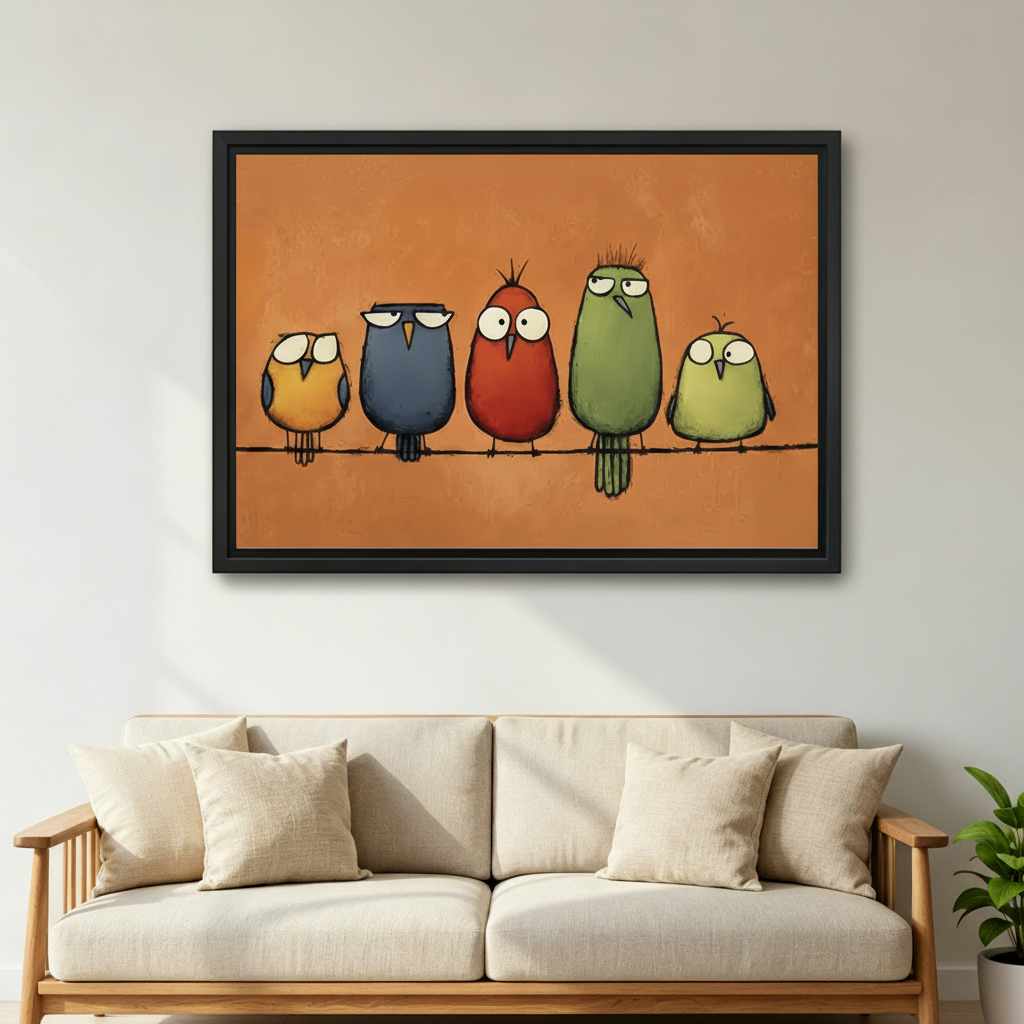 Funny Birds Framed Canvas Wall Art - Quirky Colorful Bird Print for Home Decor