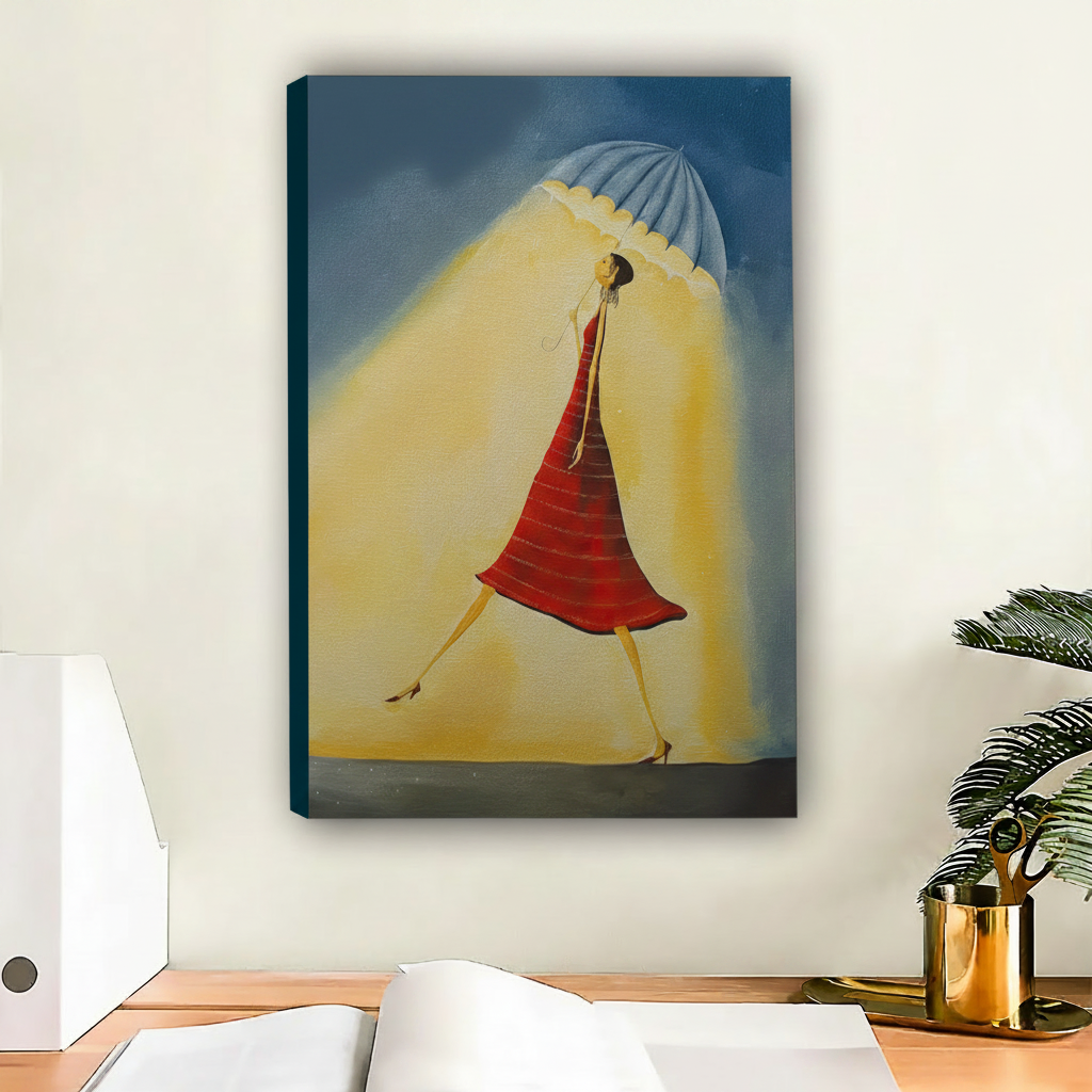 Elegant woman red dress wall art — surrealist illustration with blue umbrella and warm glowing background