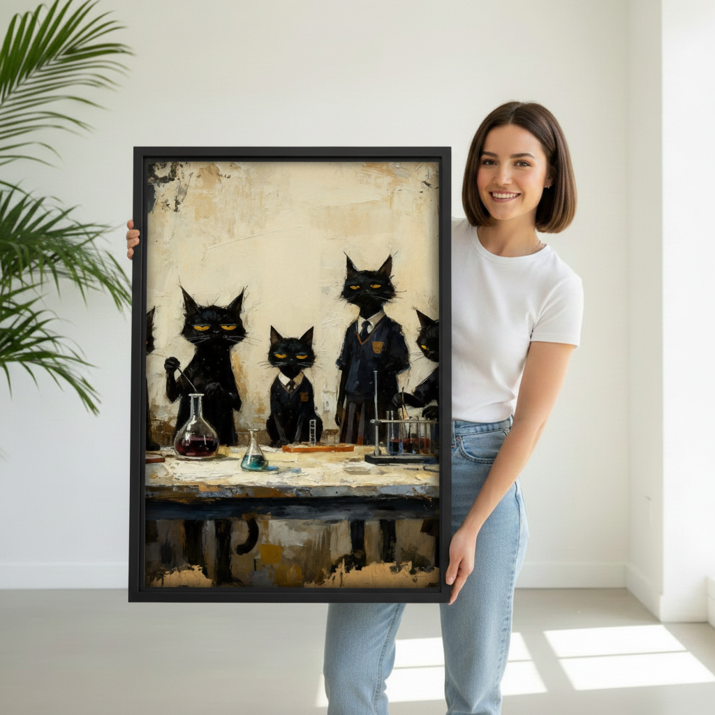 Woman holding large framed vintage black cats scientist lab canvas print, funny oil painting uniformed cats with beakers wall art size reference