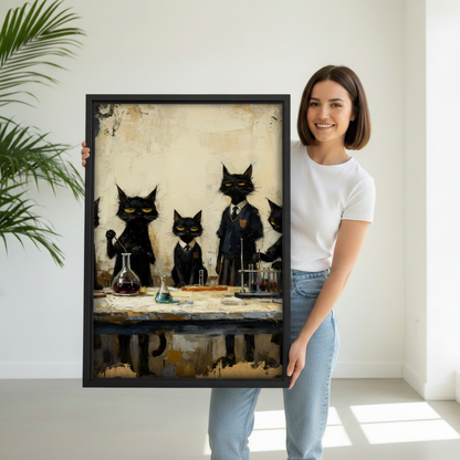 Woman holding large framed vintage black cats scientist lab canvas print, funny oil painting uniformed cats with beakers wall art size reference
