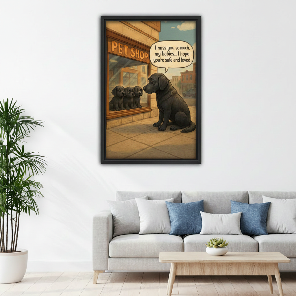Emotional Lab mom I miss you pet shop framed wall art, black frame, above grey linen sofa