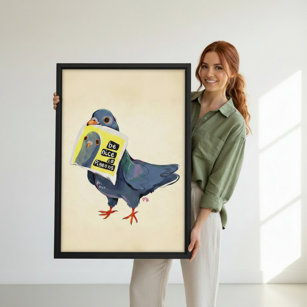 Woman holding large framed funny pigeon art print – Be Nice to Pigeons illustration wall decor