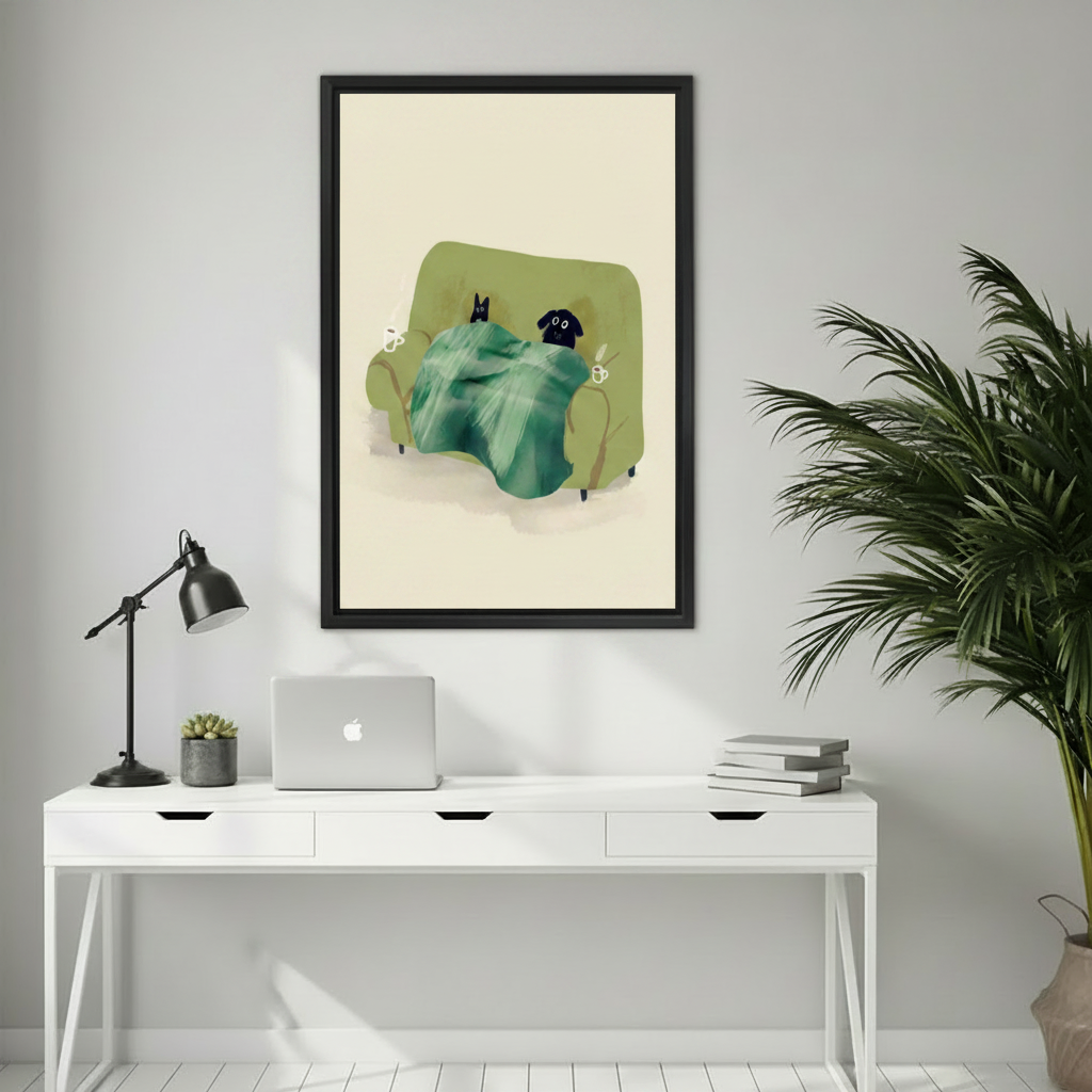 Cat dog blanket framed canvas wall art above white desk — cozy pet illustration office decor