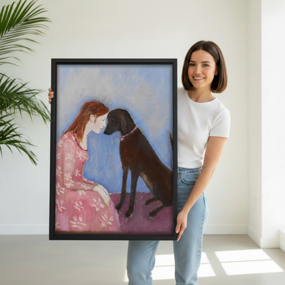 Smiling woman holding oil painting style woman and black dog framed canvas art print — figurative pet wall decor