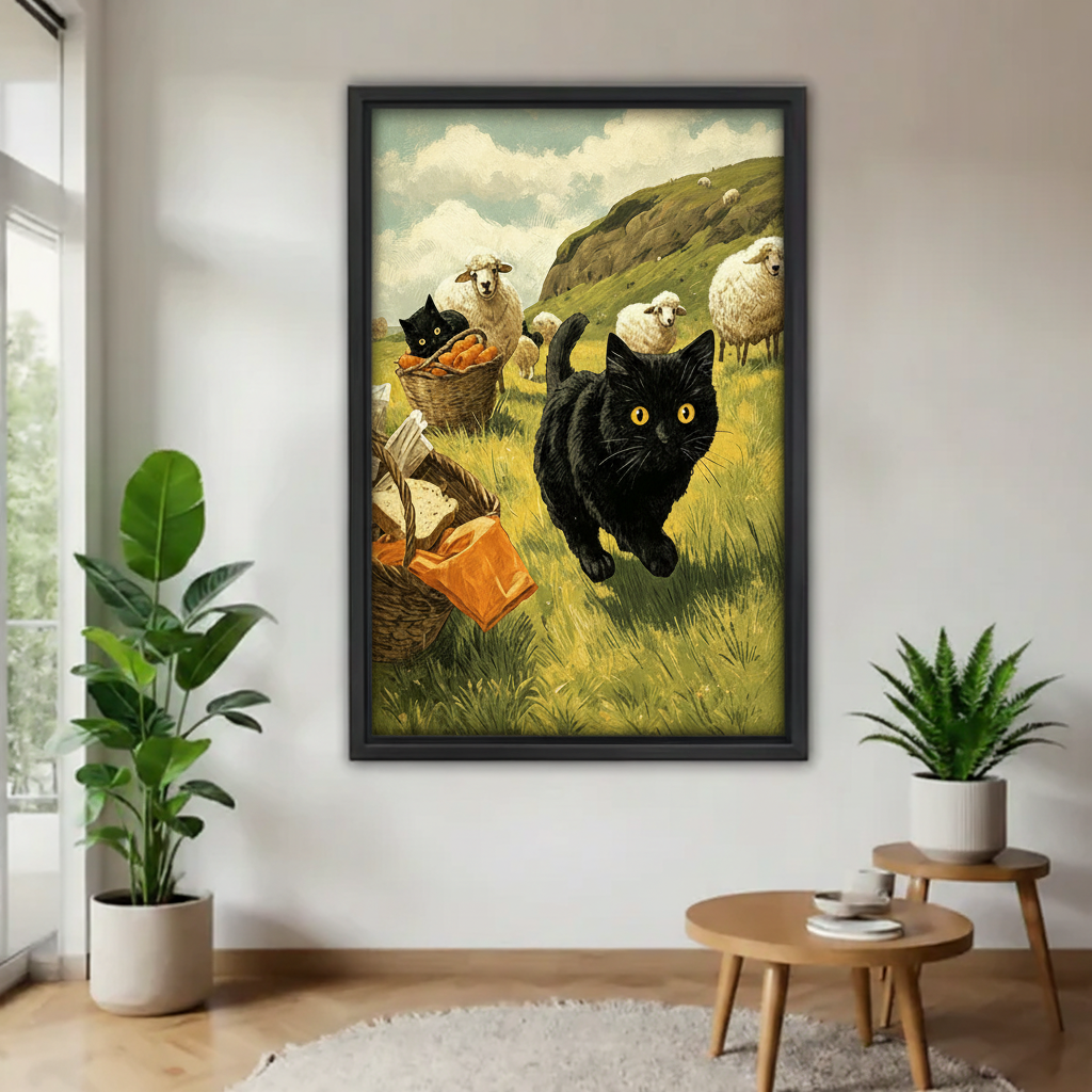 Vintage black cat running in countryside framed canvas print — whimsical animal wall art with sheep and picnic basket