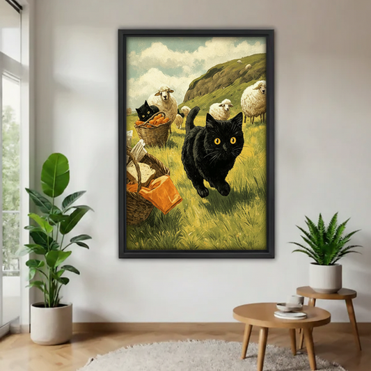 Vintage black cat running in countryside framed canvas print — whimsical animal wall art with sheep and picnic basket