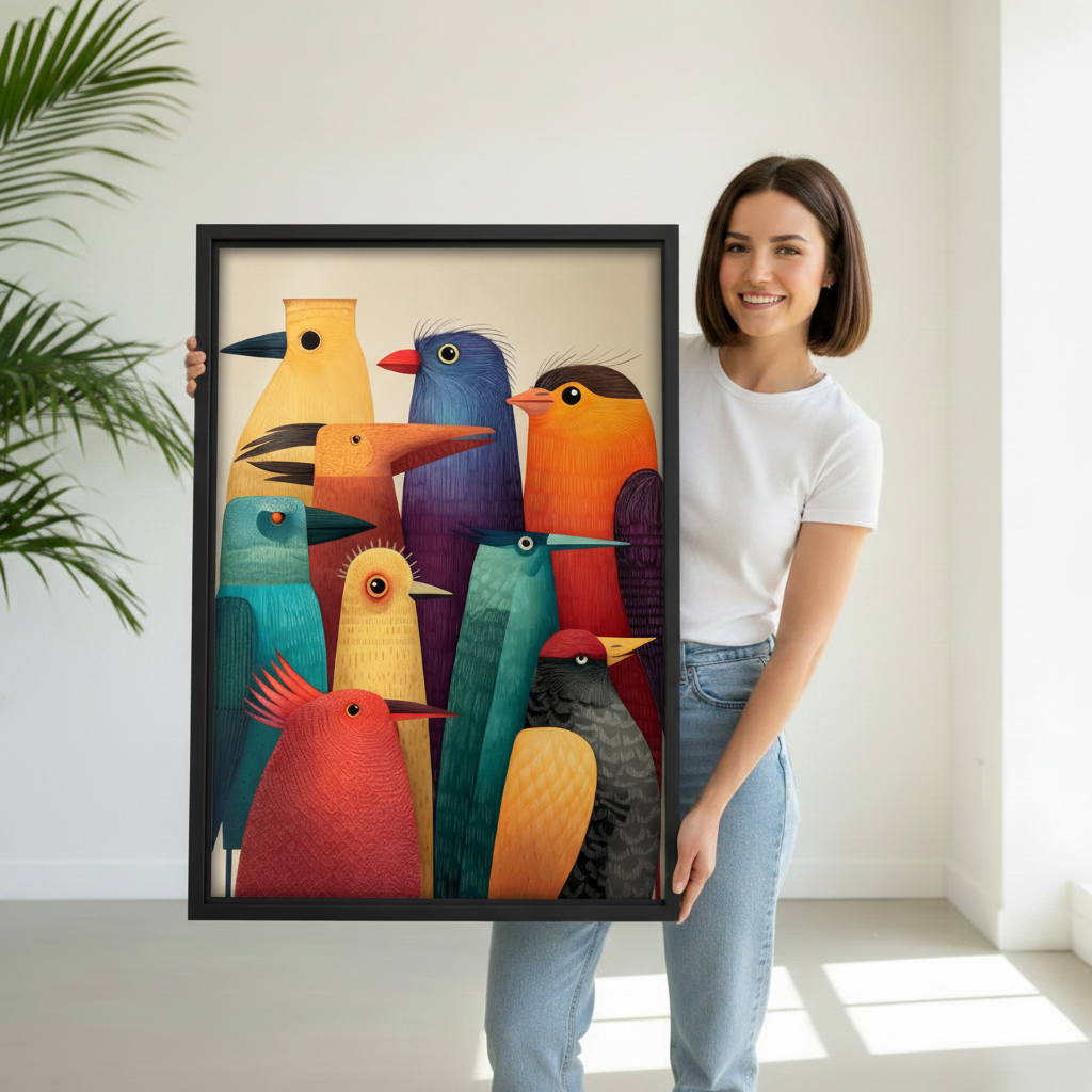 Woman holding large colorful folk art framed canvas print with whimsical bird flock, showing size reference