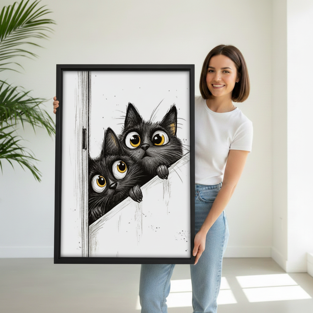 Woman holding large framed peeking black cats canvas print, funny whimsical cat wall art black frame