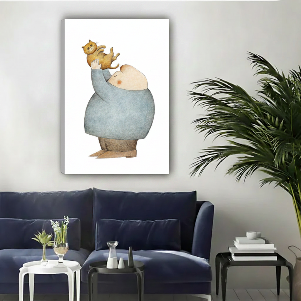 Whimsical Fat Man Cat Canvas Art – unframed gallery wrap print on wall above contemporary navy sofa