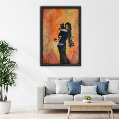Watercolor black cat and girl canvas wall art above gray sofa in cozy living room