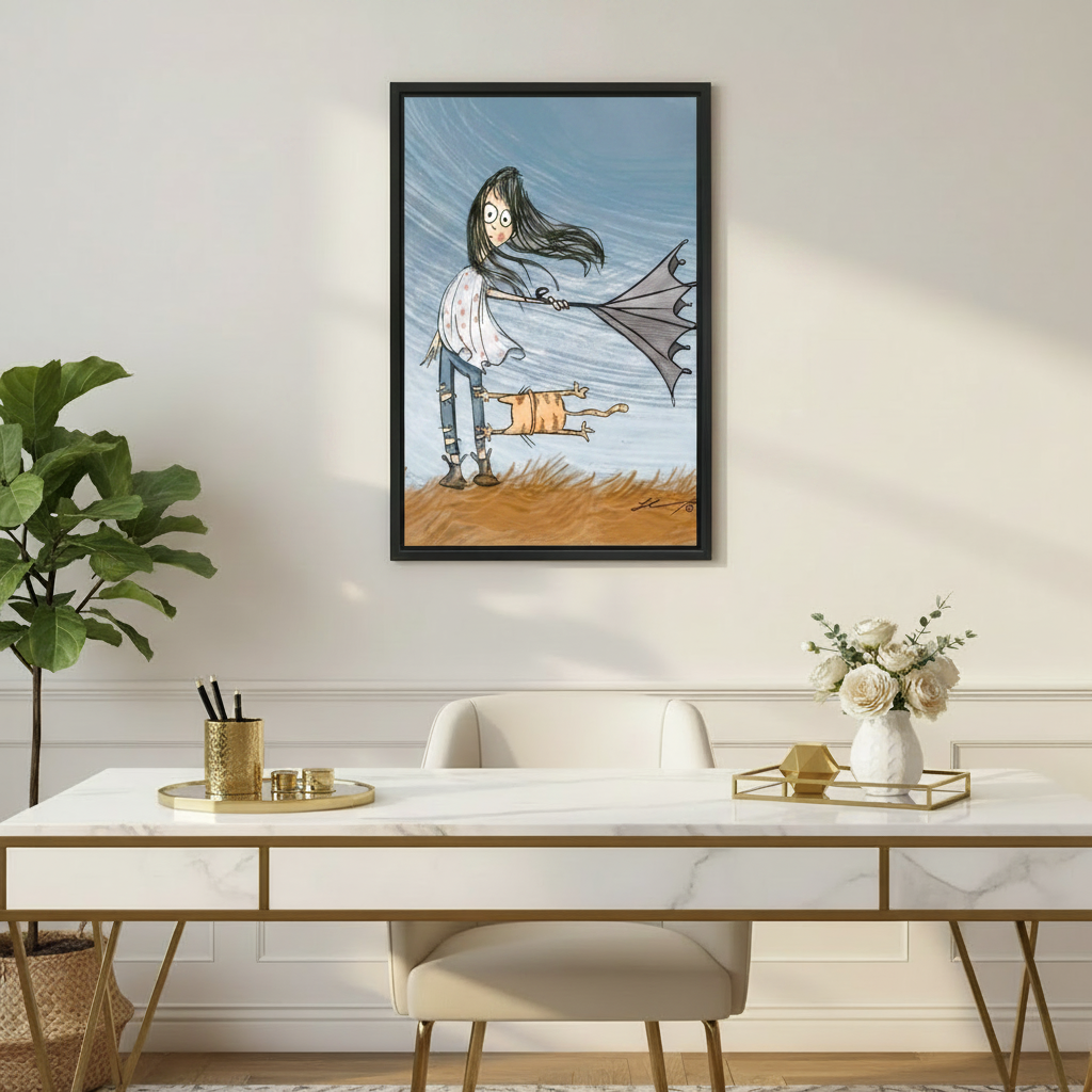 Whimsical windy girl and cat framed wall art above marble desk in elegant home office