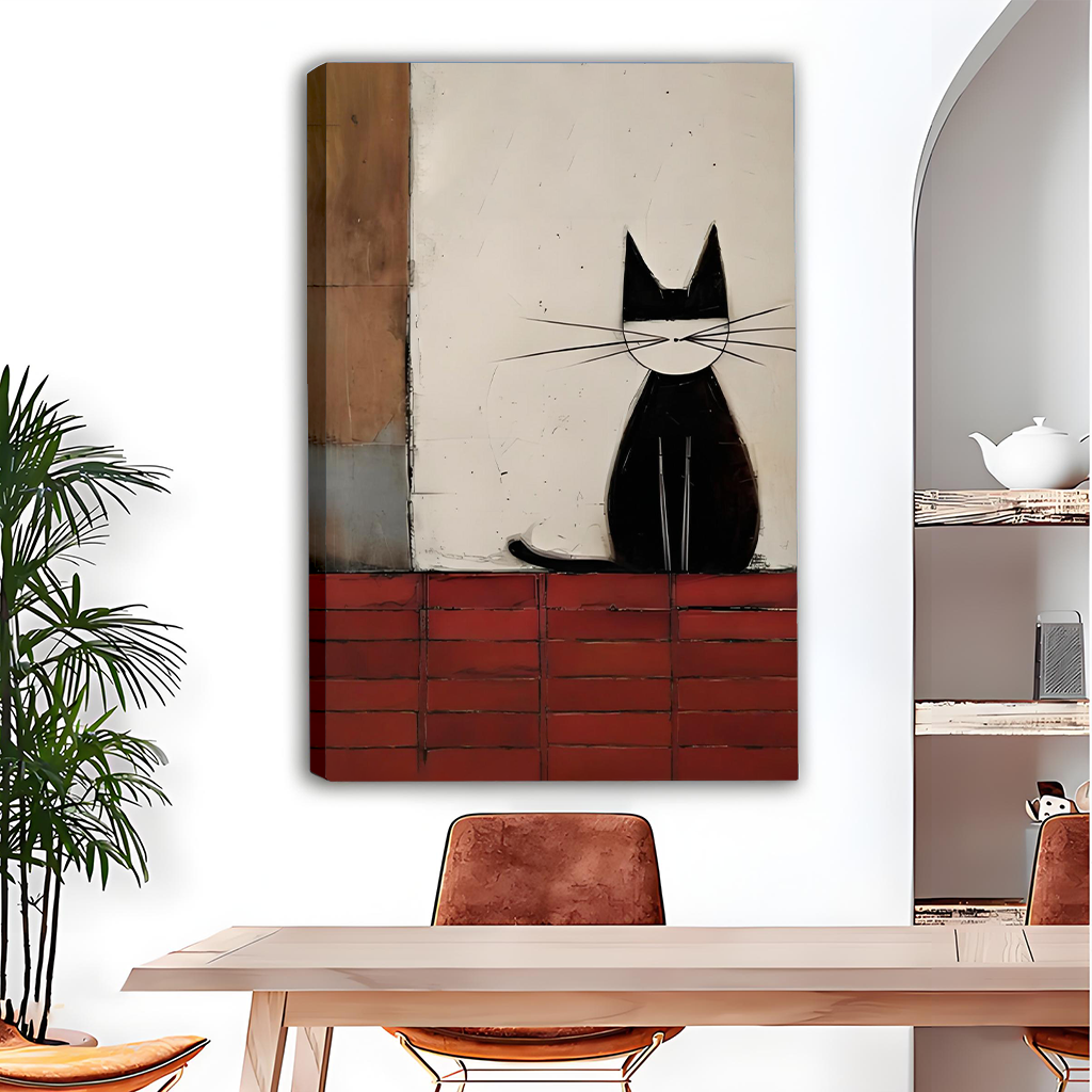 Black cat canvas wall art in a black frame above a bright sofa in a modern living room