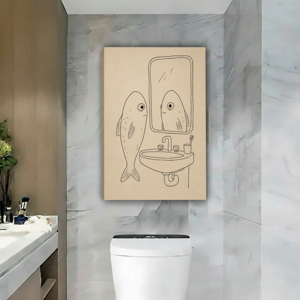 Humorous fish mirror line art canvas wall art, frameless gallery wrap, beige minimalist illustration, modern bathroom wall decor