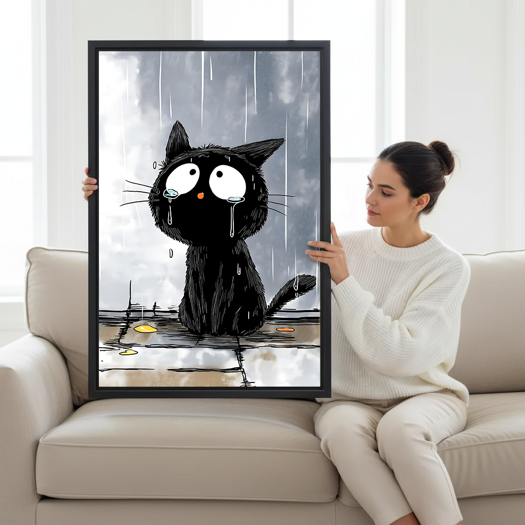 Brunette woman in white sweater sitting on cream sofa holding large sad wet black cat standing in rain funny cartoon illustration framed canvas print with grey stormy sky background in bright white room with large windows
