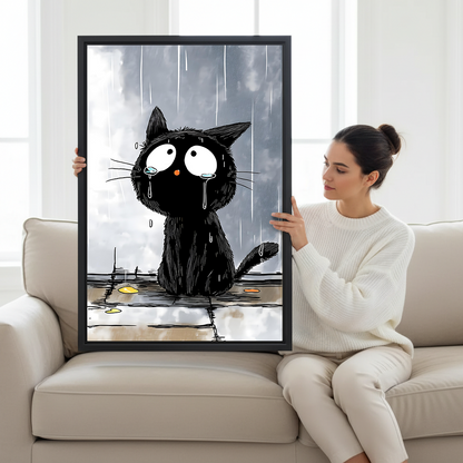 Brunette woman in white sweater sitting on cream sofa holding large sad wet black cat standing in rain funny cartoon illustration framed canvas print with grey stormy sky background in bright white room with large windows
