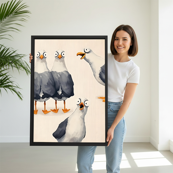 Woman holding funny seagull framed canvas wall art, large size humorous bird print for home decor
