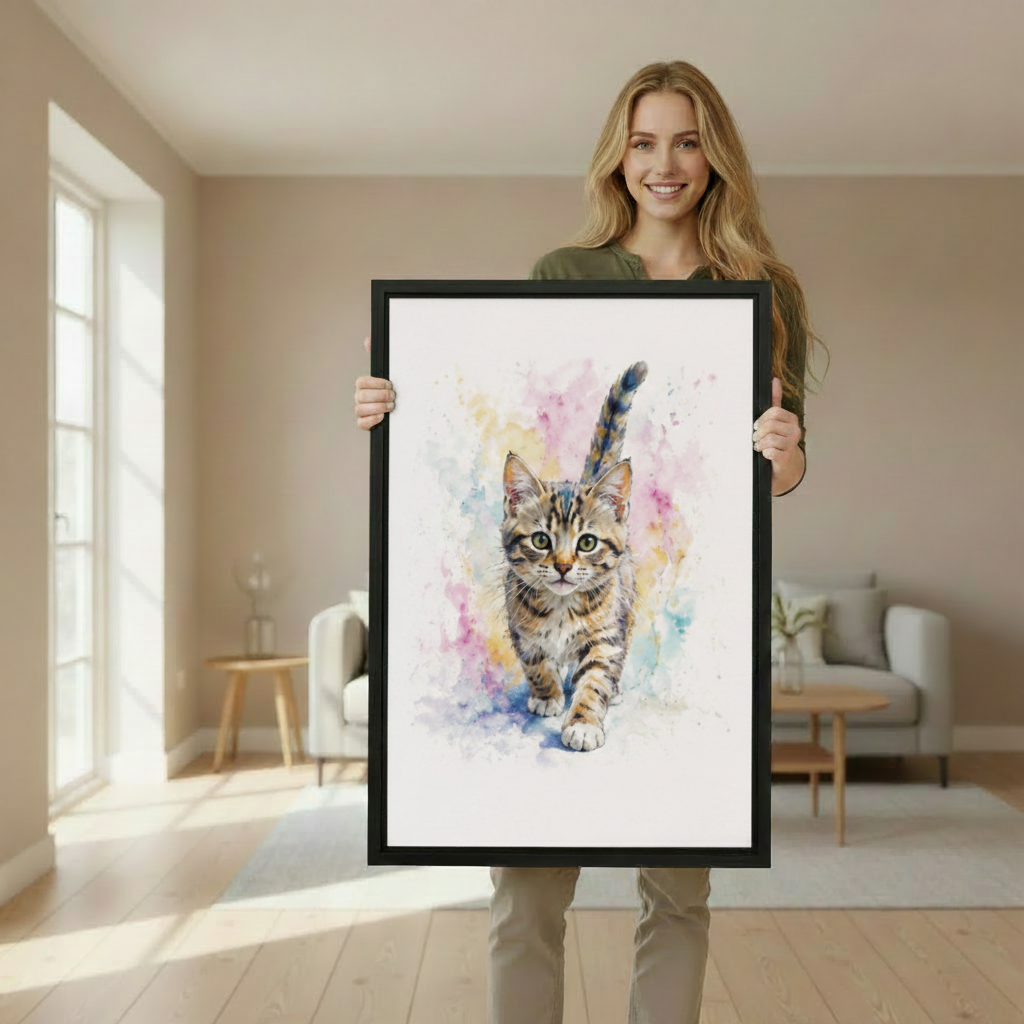 Smiling woman holding large sleeping elephant red heels whimsical framed print to show size in bright Scandinavian living room