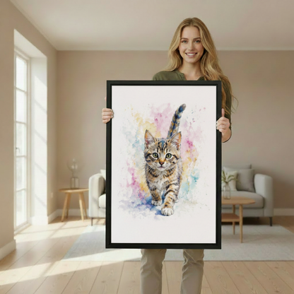 Smiling woman holding large sleeping elephant red heels whimsical framed print to show size in bright Scandinavian living room